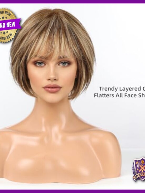 Short Bob Human Hair Wig with Bangs, Layered Cut, Heat Resistant main image 4